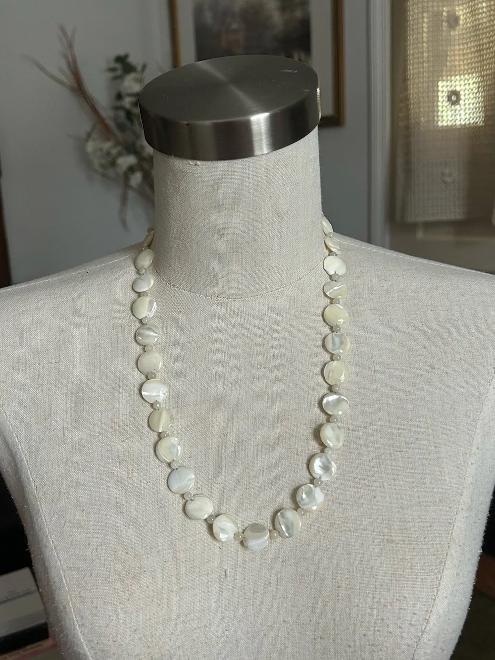 Vintage Mother-of-Pearl Disc & Moon Stone Space Beads Necklace